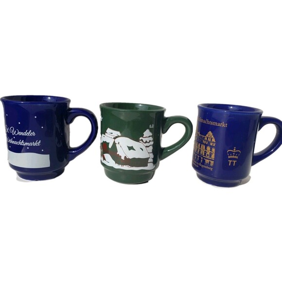 Weihnachtsmarkt Christmas Market Germany Lot Of 3 Coffee Mug Cup Green Blue EUC - Picture 2 of 15